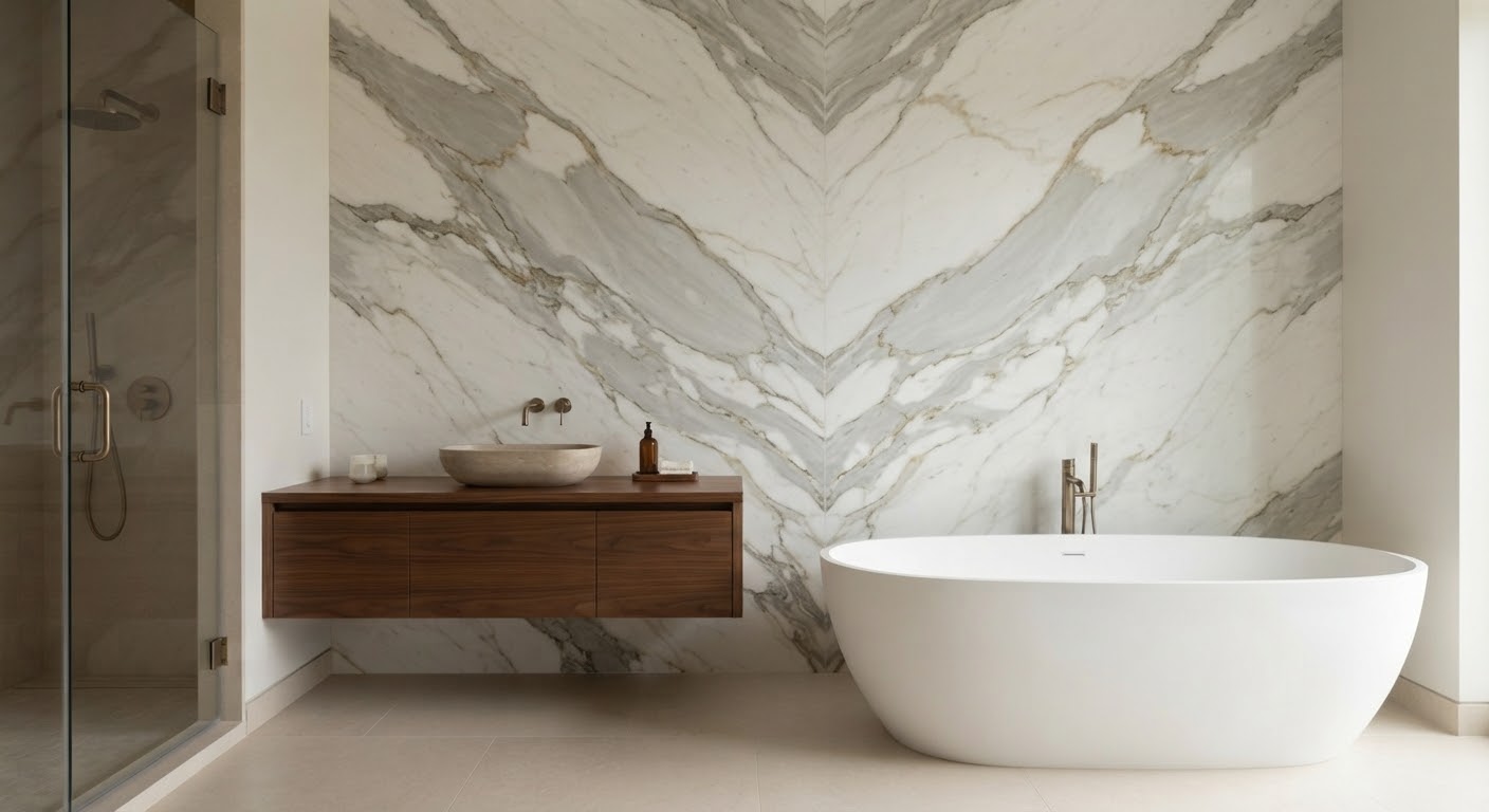 Book-matched marble bath with freestanding tub