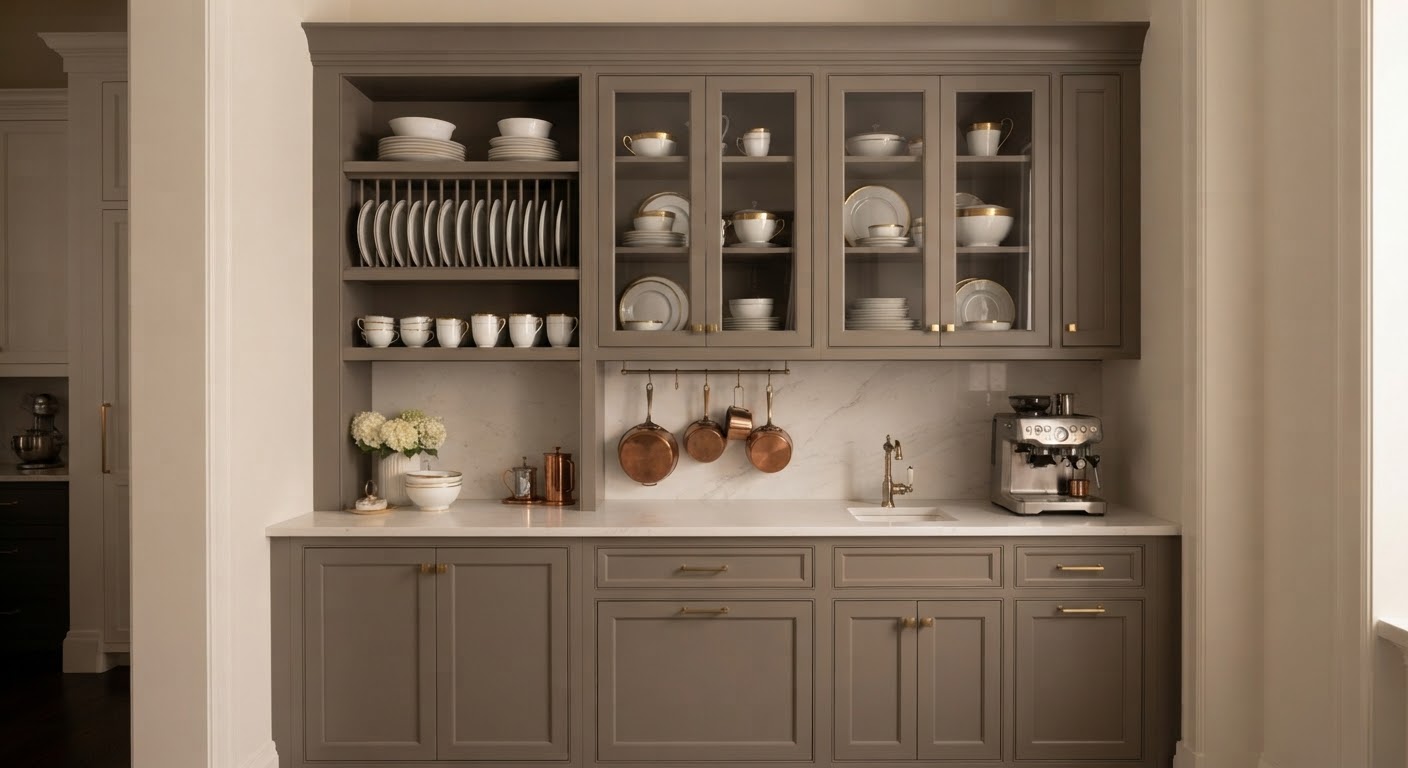 Butler's pantry with plate rack and marble backsplash