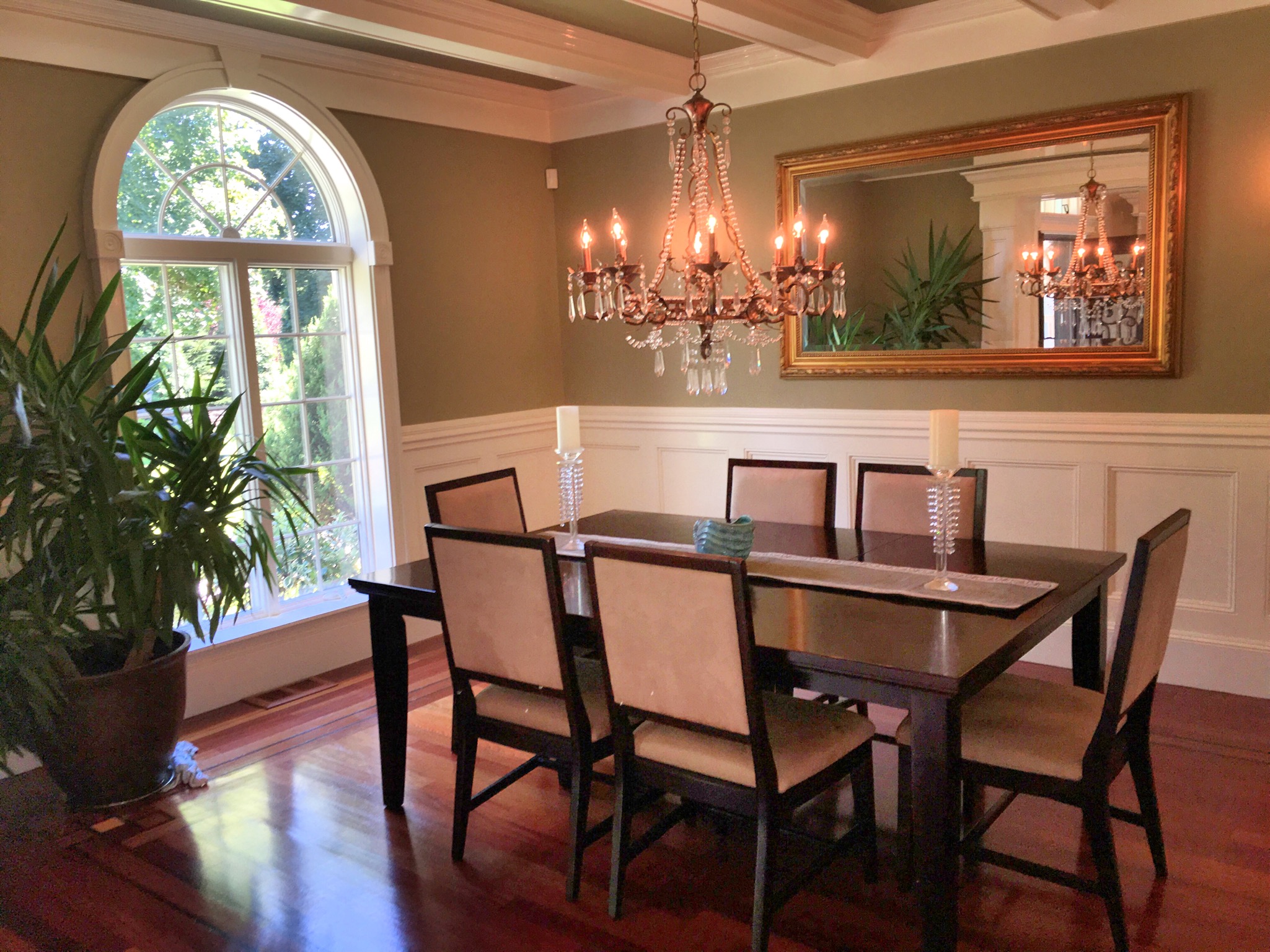 Palladian window casing and box-beam ceiling millwork