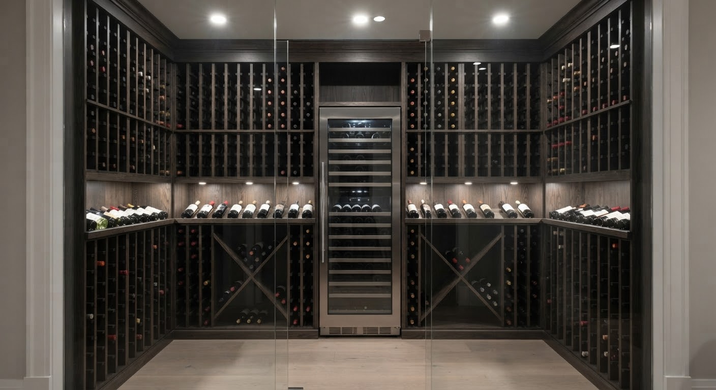 Glass-walled wine room with oak racking, Westchester County by Freddy's Construction