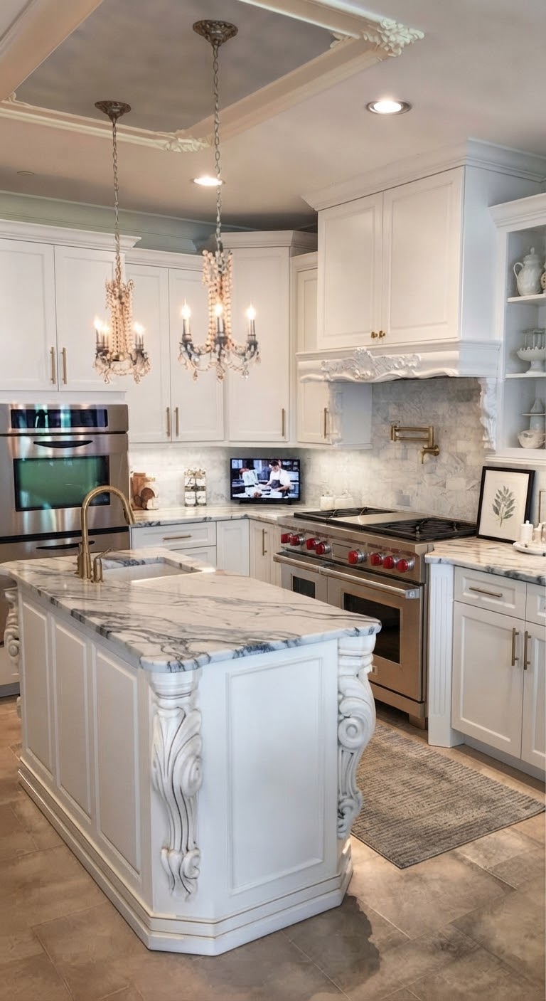 White kitchen with marble island