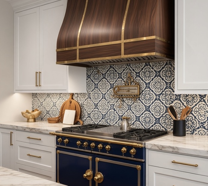 Navy range with brass trim under a walnut and brass hood
