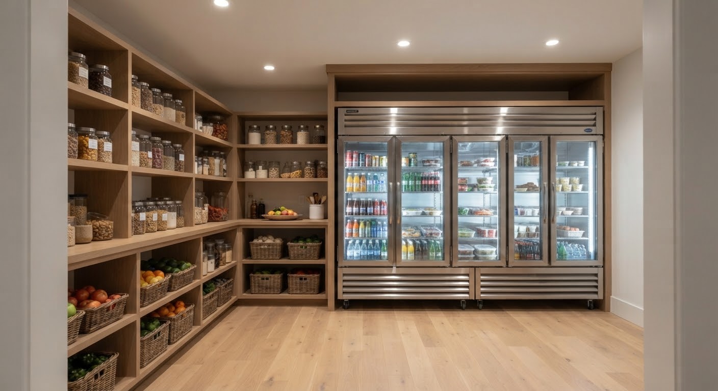 White oak pantry with glass-door refrigeration, Westchester County by Freddy's Construction