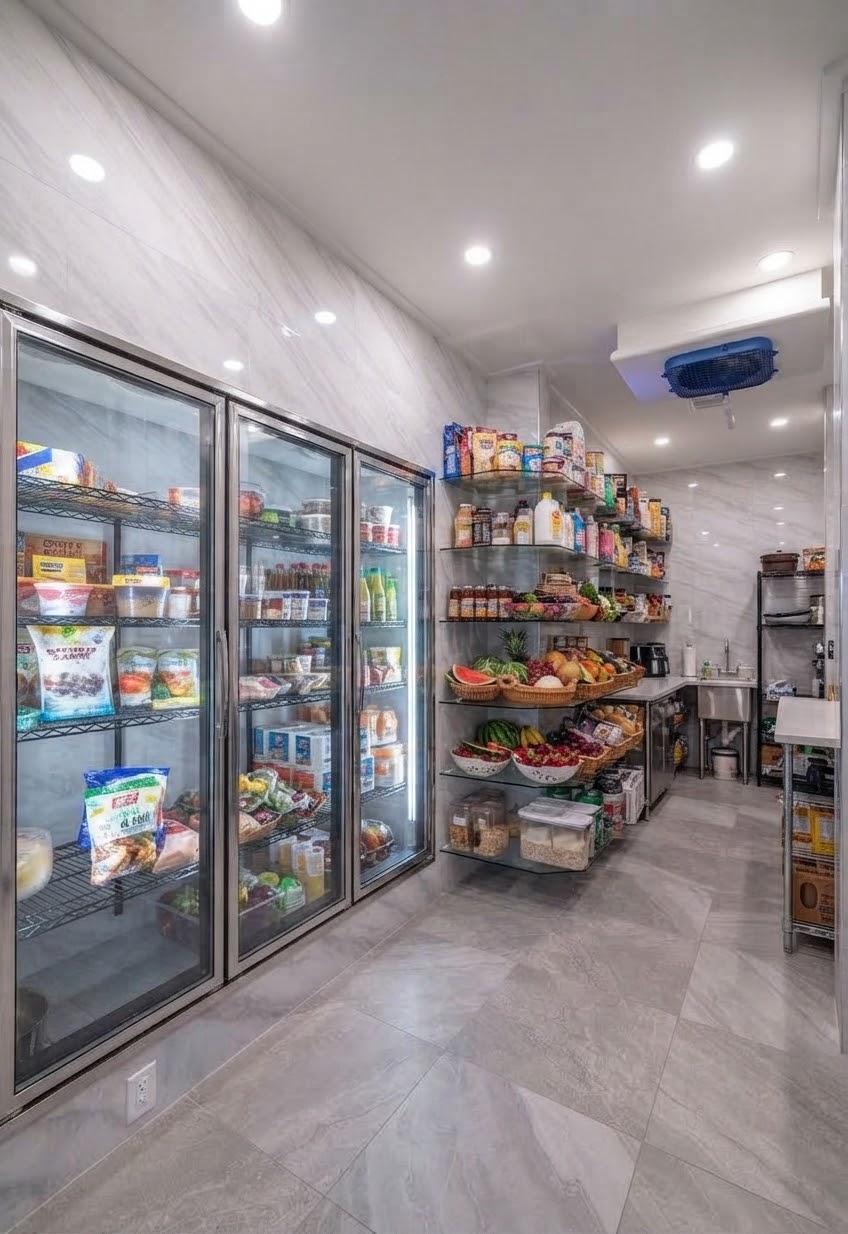 Glass-door refrigeration in a walk-in storage room